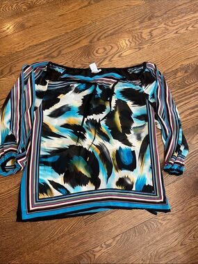 Cache L Printed open shoulder Women's Top in Teal & Black